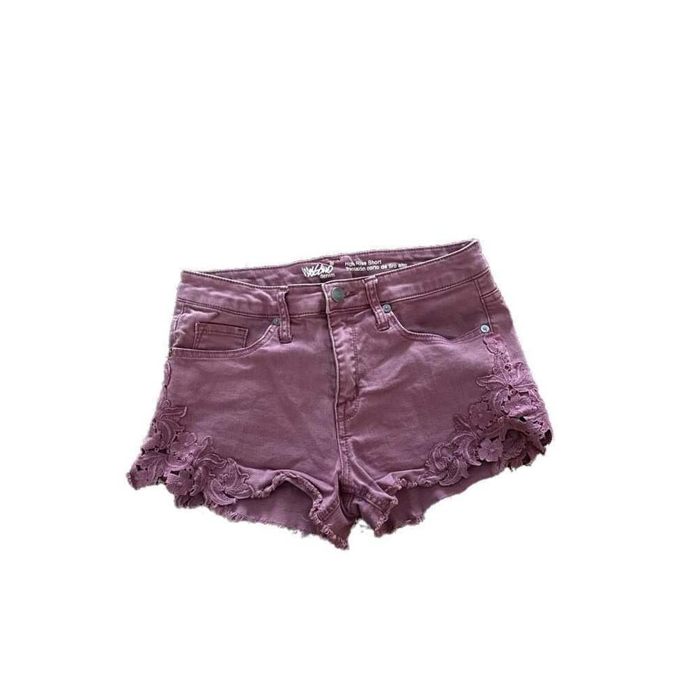 Mossimo High Rise Maroon Denim Shorts with Floral Lace Sided Cutout